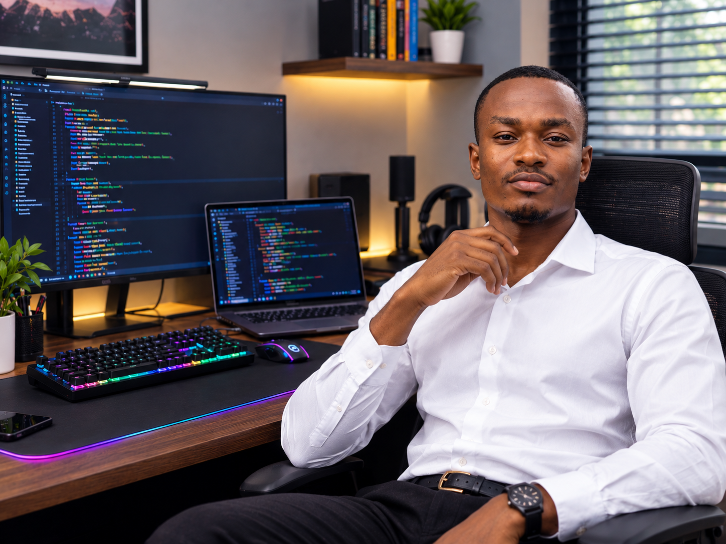 A developer writing code on a desktop and laptop in a busy office